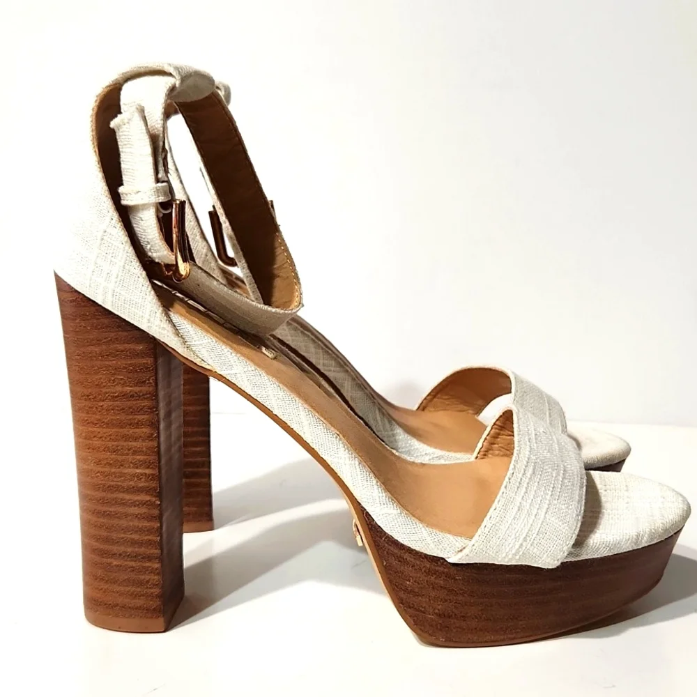 NEW Billini Tahiti White Linen Wood Platform Heels Size 10